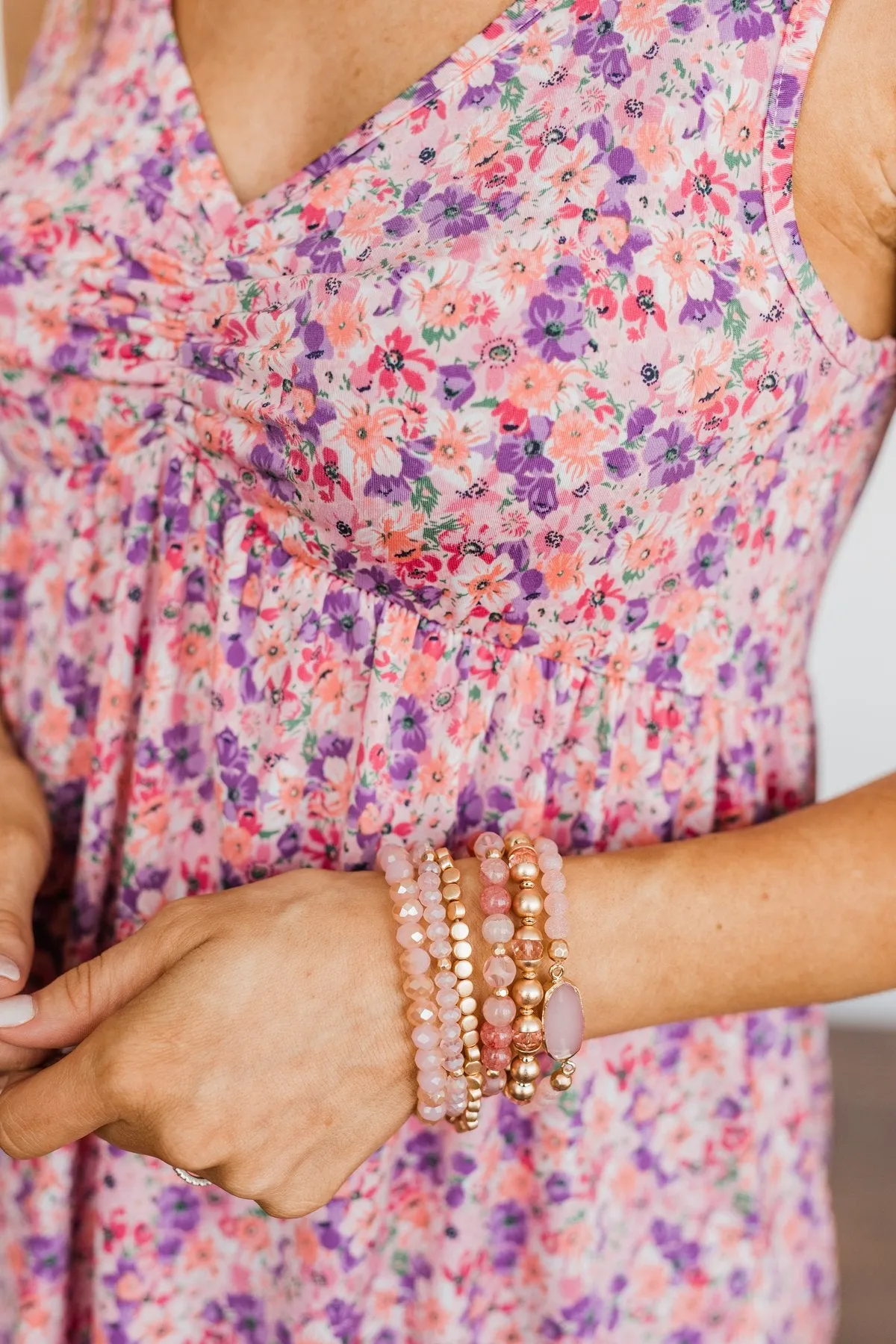 Precious Beaded Bracelet Set- Pink & Gold