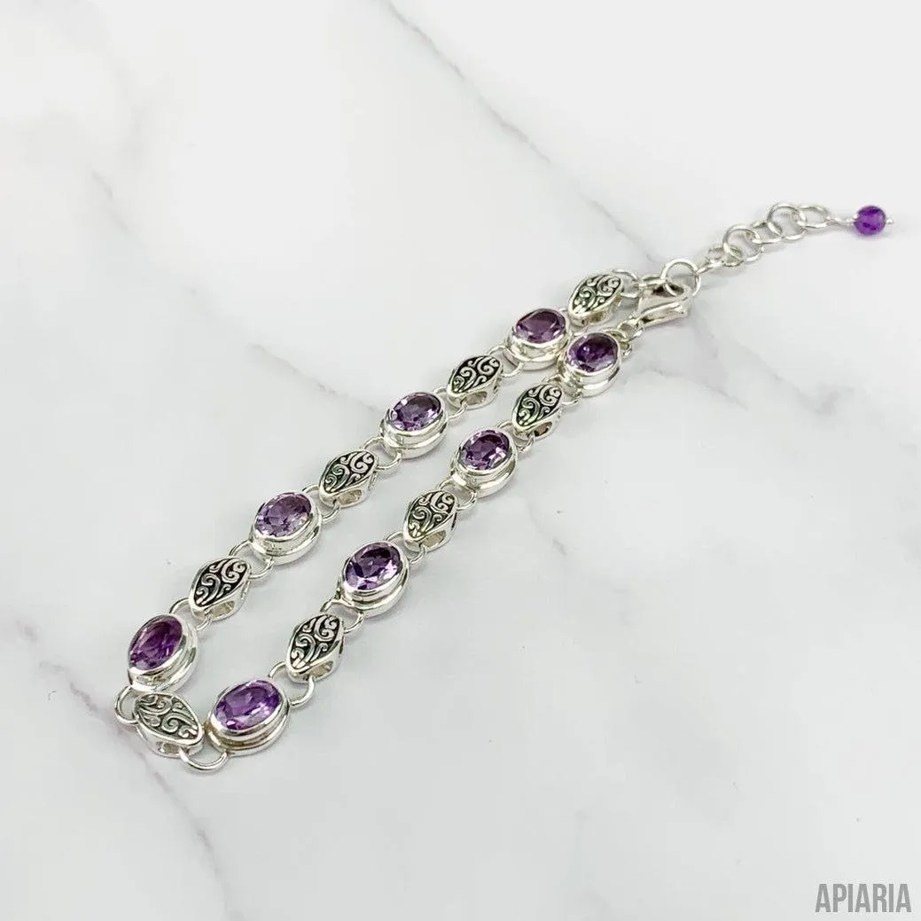 Purple Amethyst with Carved Links Bracelet