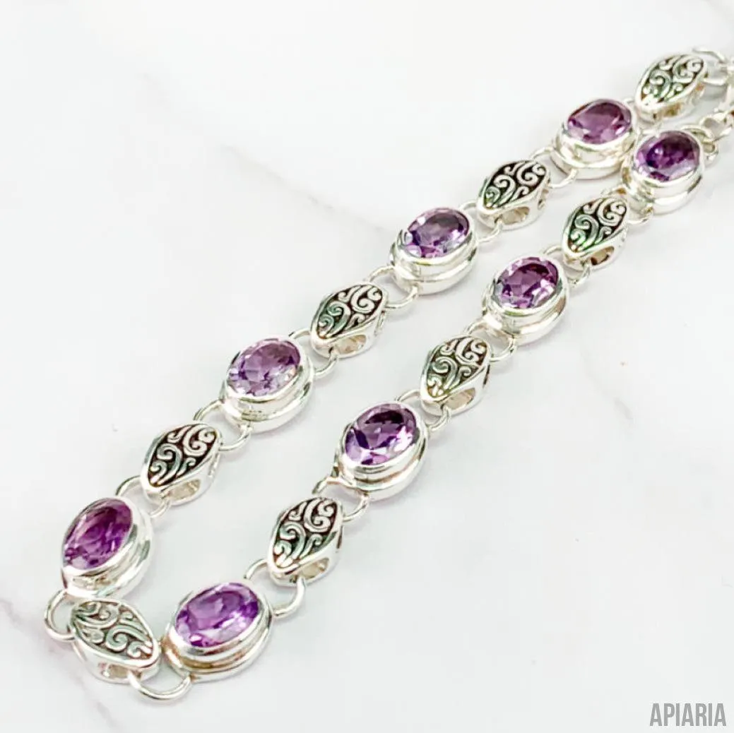 Purple Amethyst with Carved Links Bracelet