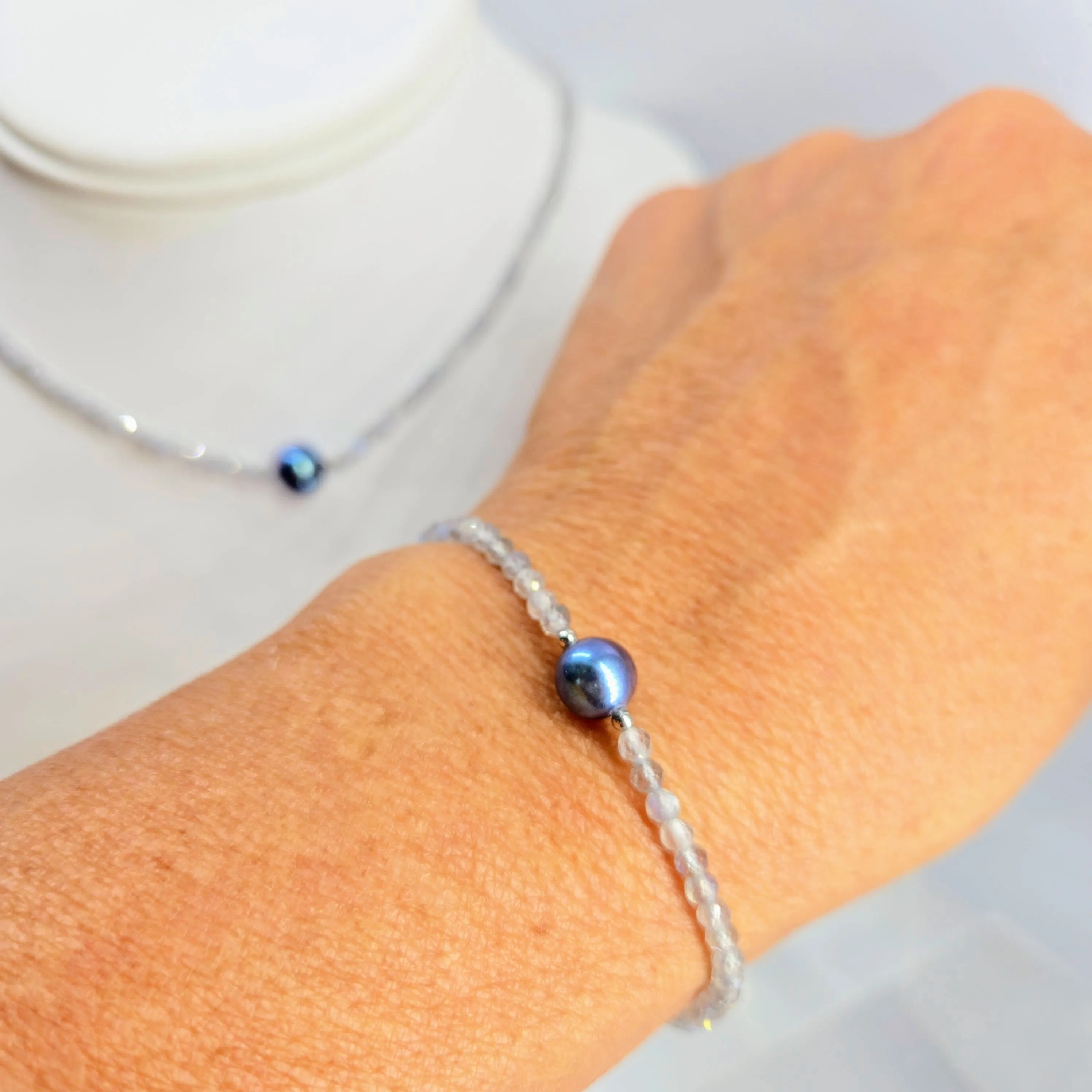 "Temptations" 7" to 9" Bracelet - Labradorite, Pearl