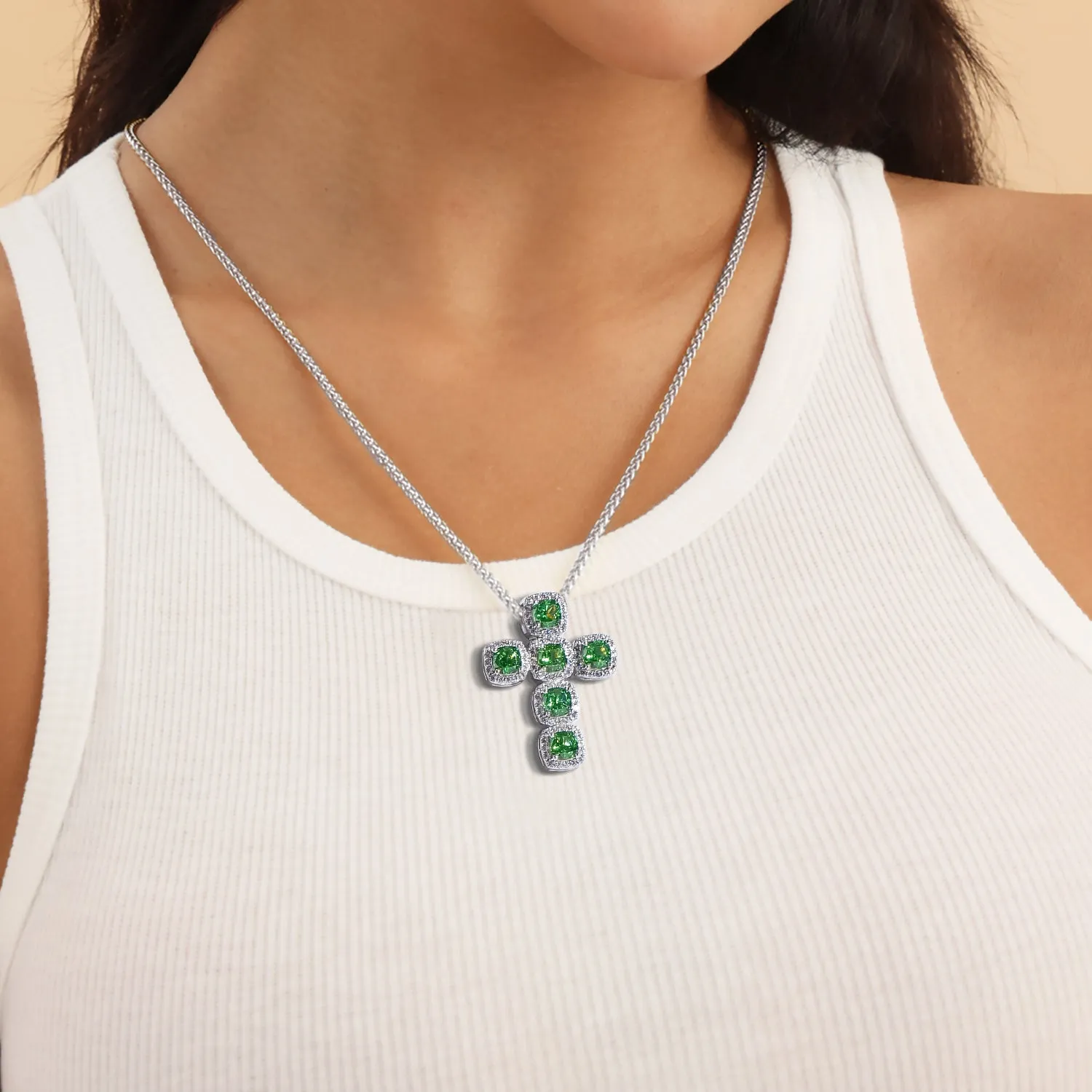 Radiant Cut Clustered Cross Pendant - Fancy Green