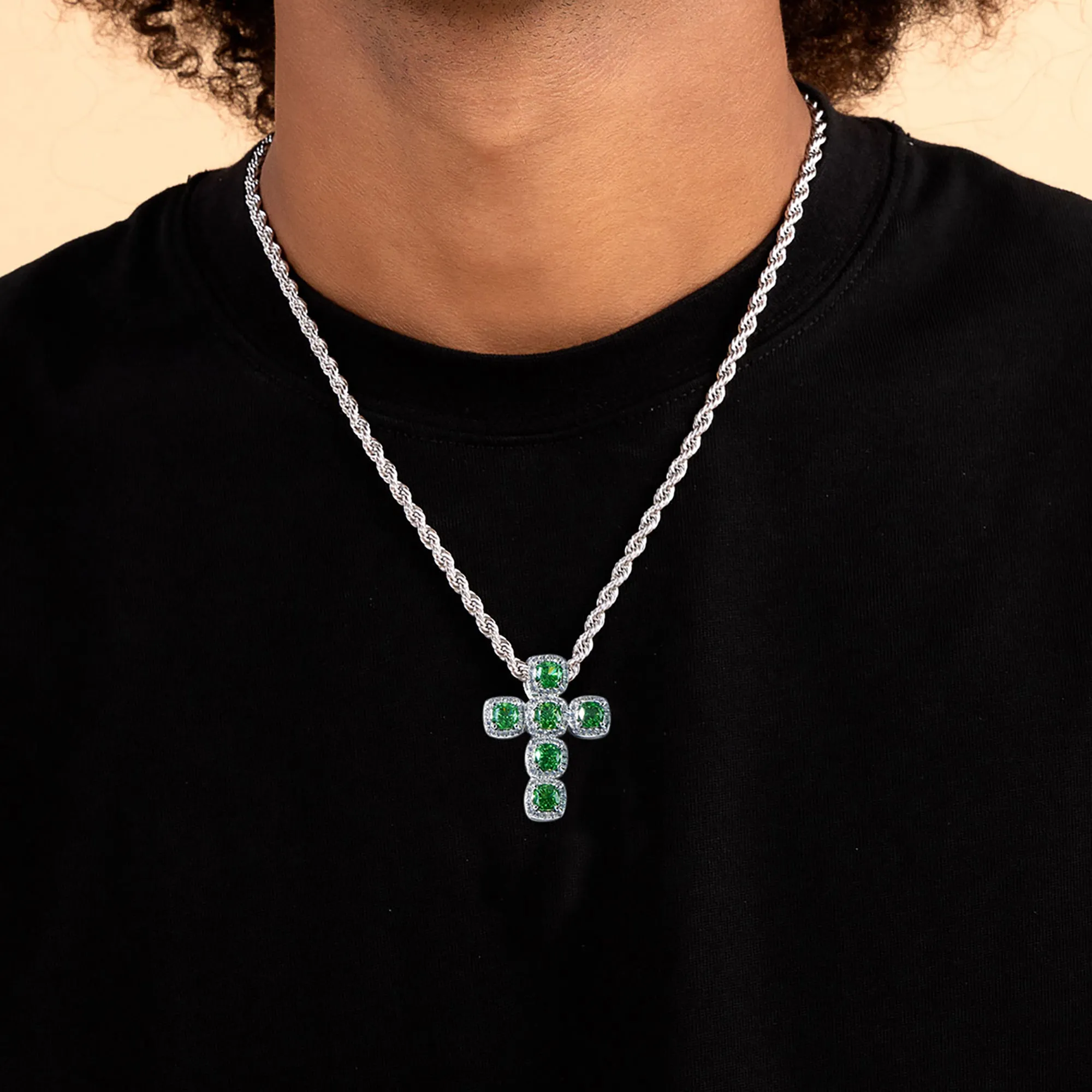 Radiant Cut Clustered Cross Pendant - Fancy Green