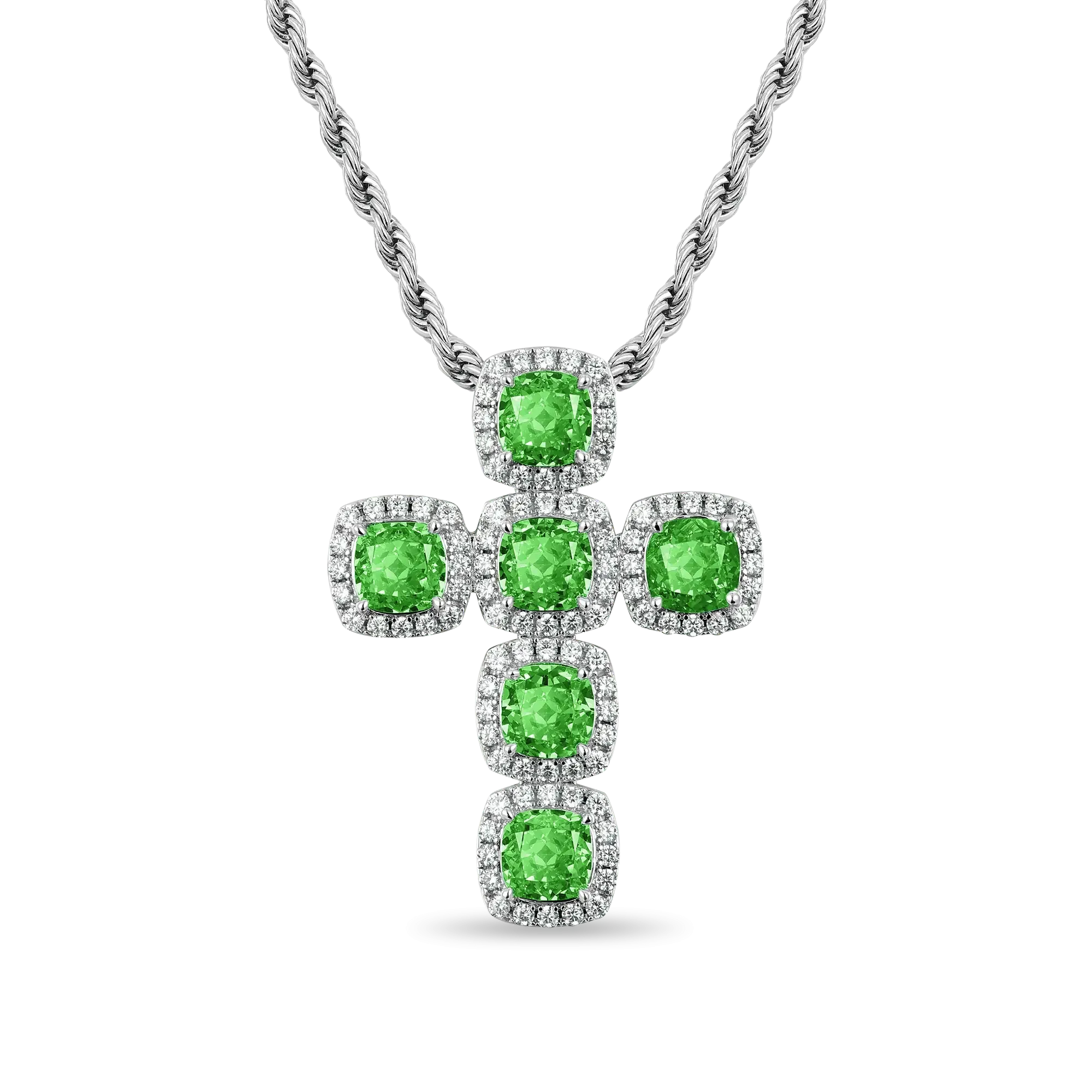 Radiant Cut Clustered Cross Pendant - Fancy Green