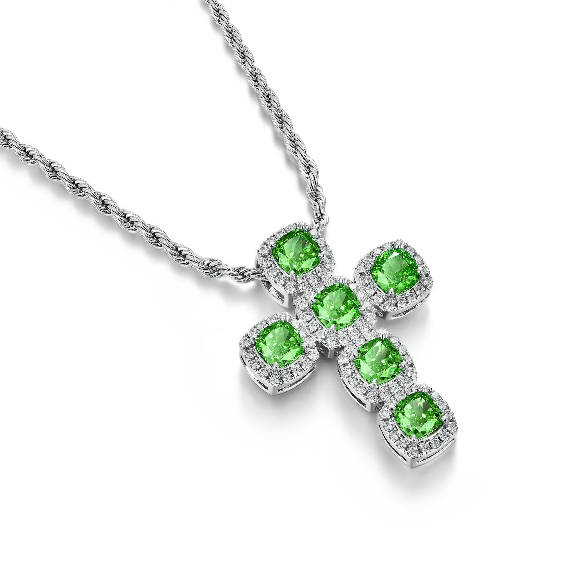 Radiant Cut Clustered Cross Pendant - Fancy Green