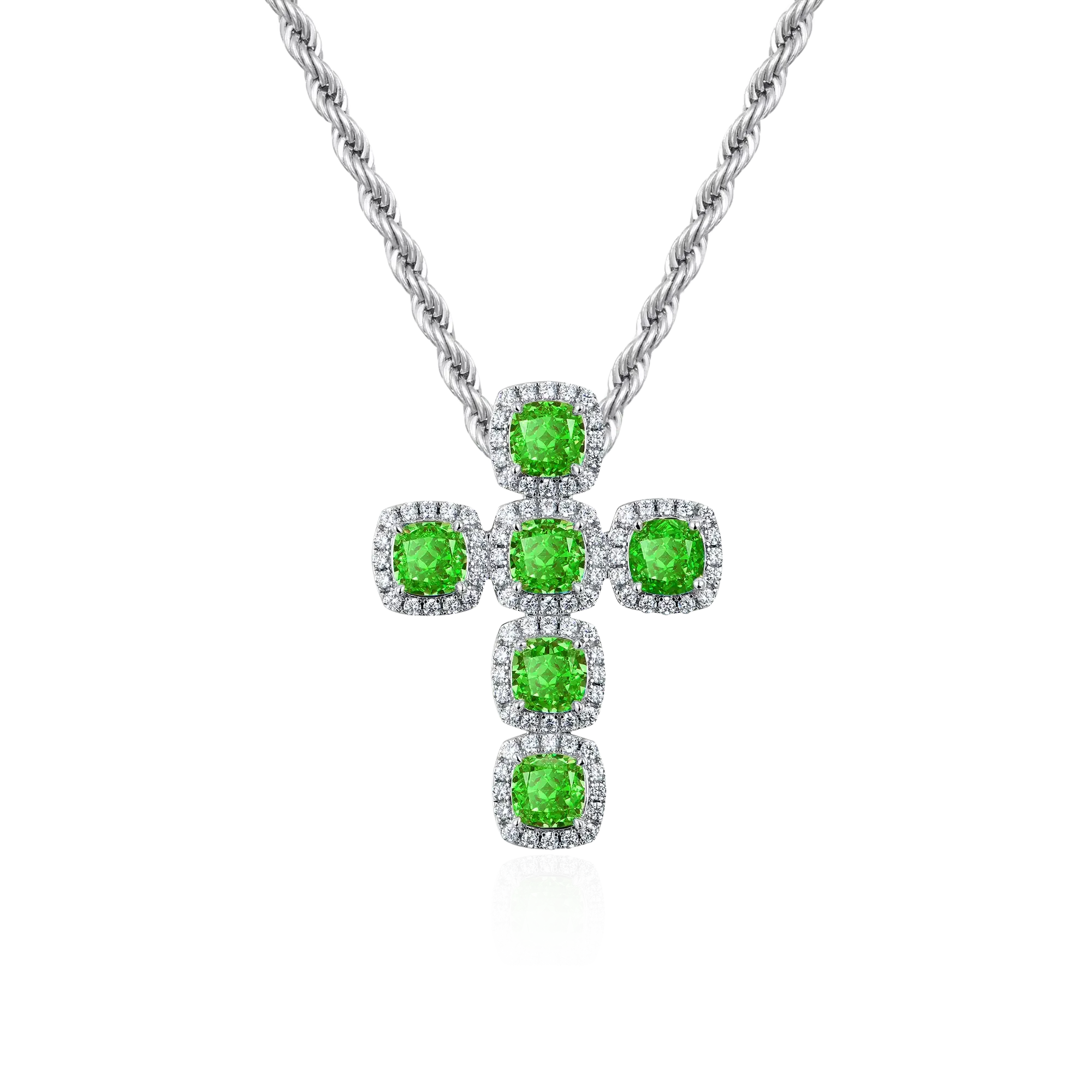 Radiant Cut Clustered Cross Pendant - Fancy Green