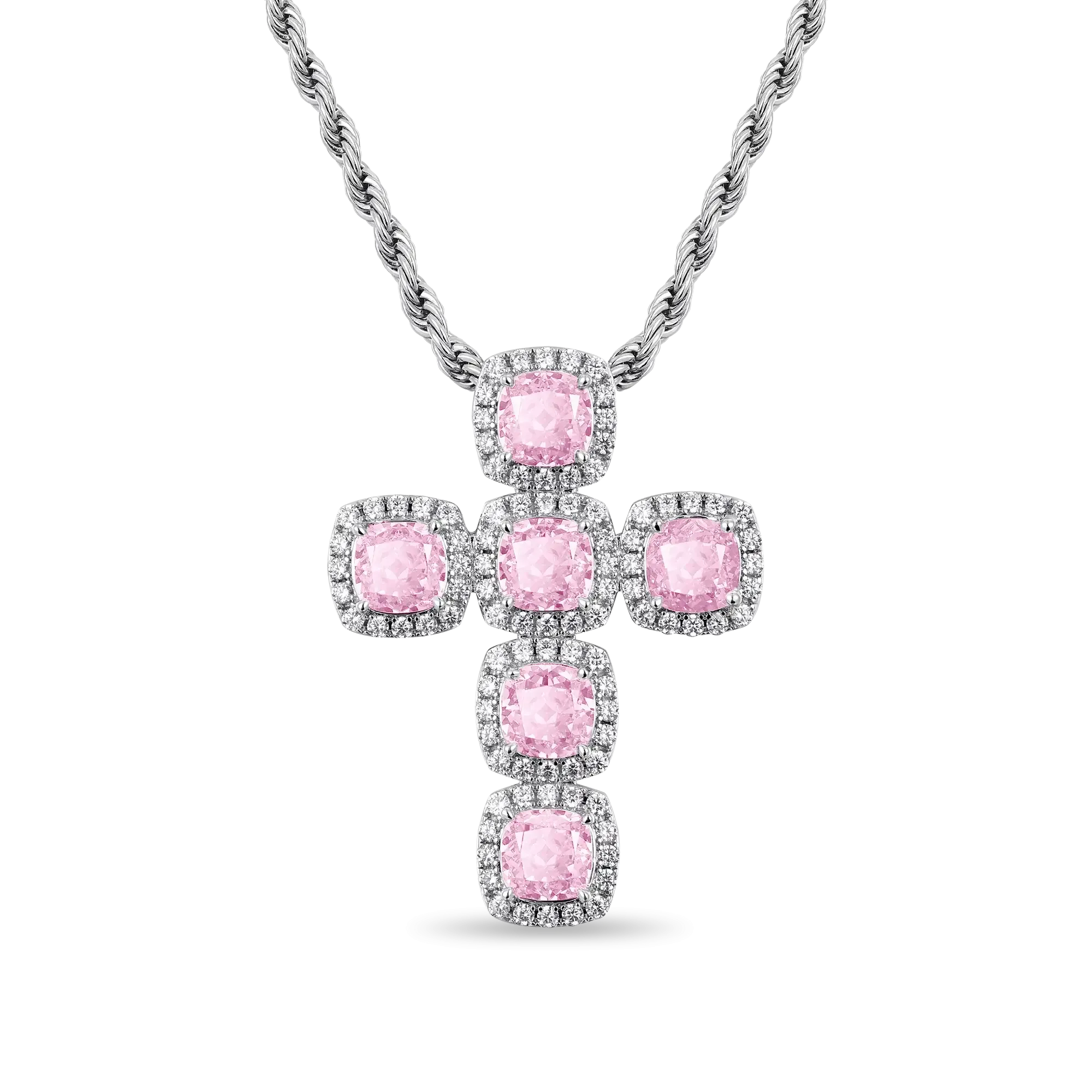 Radiant Cut Clustered Cross Pendant - Fancy Light Pink