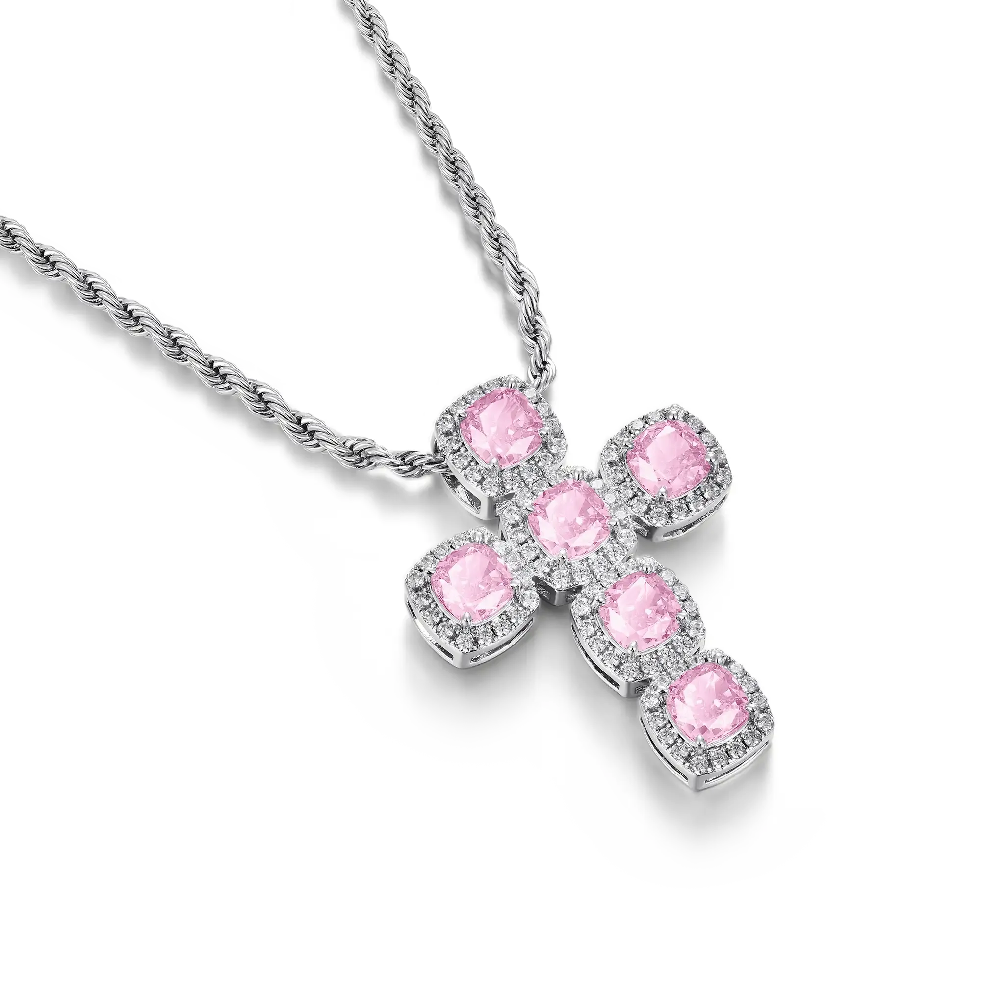 Radiant Cut Clustered Cross Pendant - Fancy Light Pink