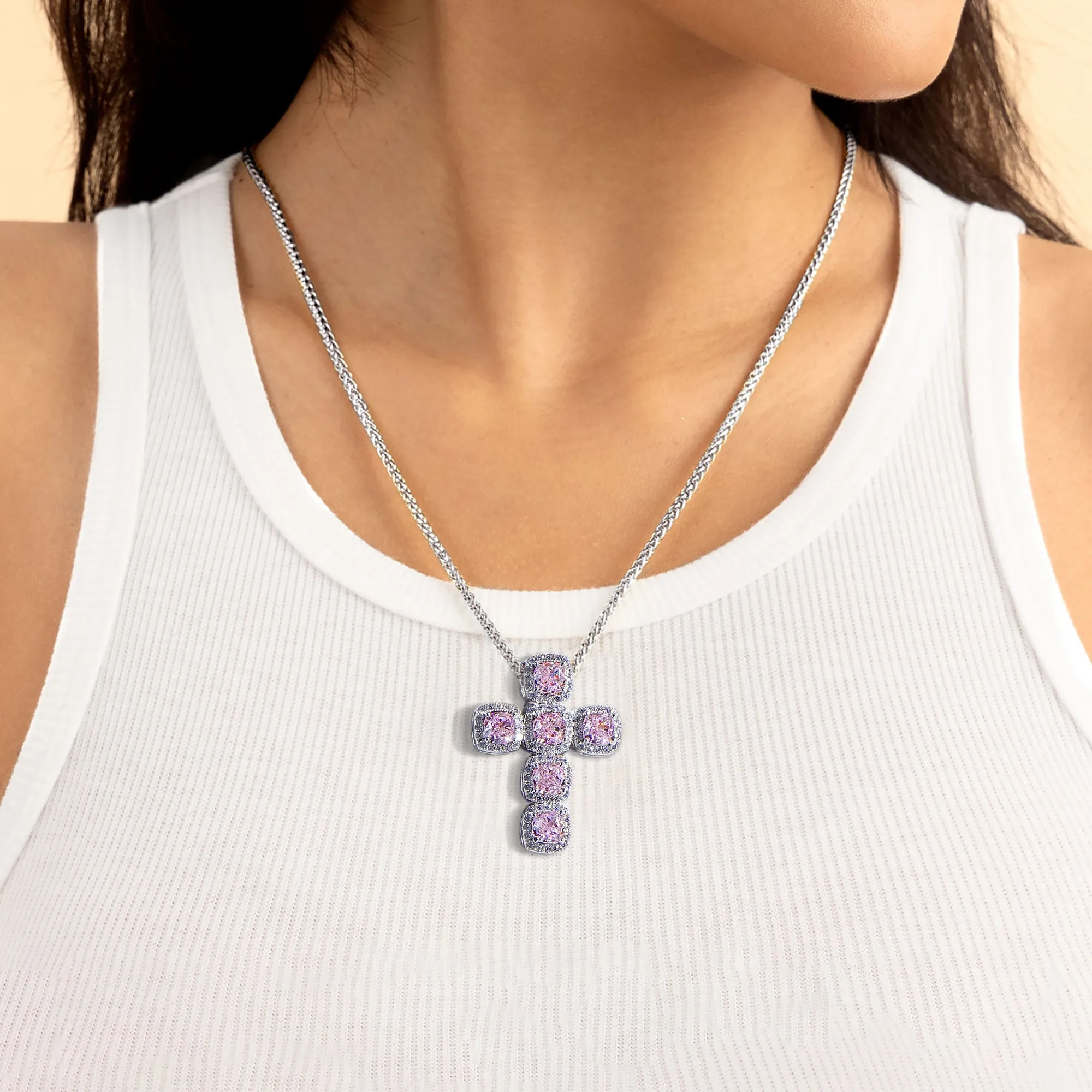 Radiant Cut Clustered Cross Pendant - Fancy Light Pink