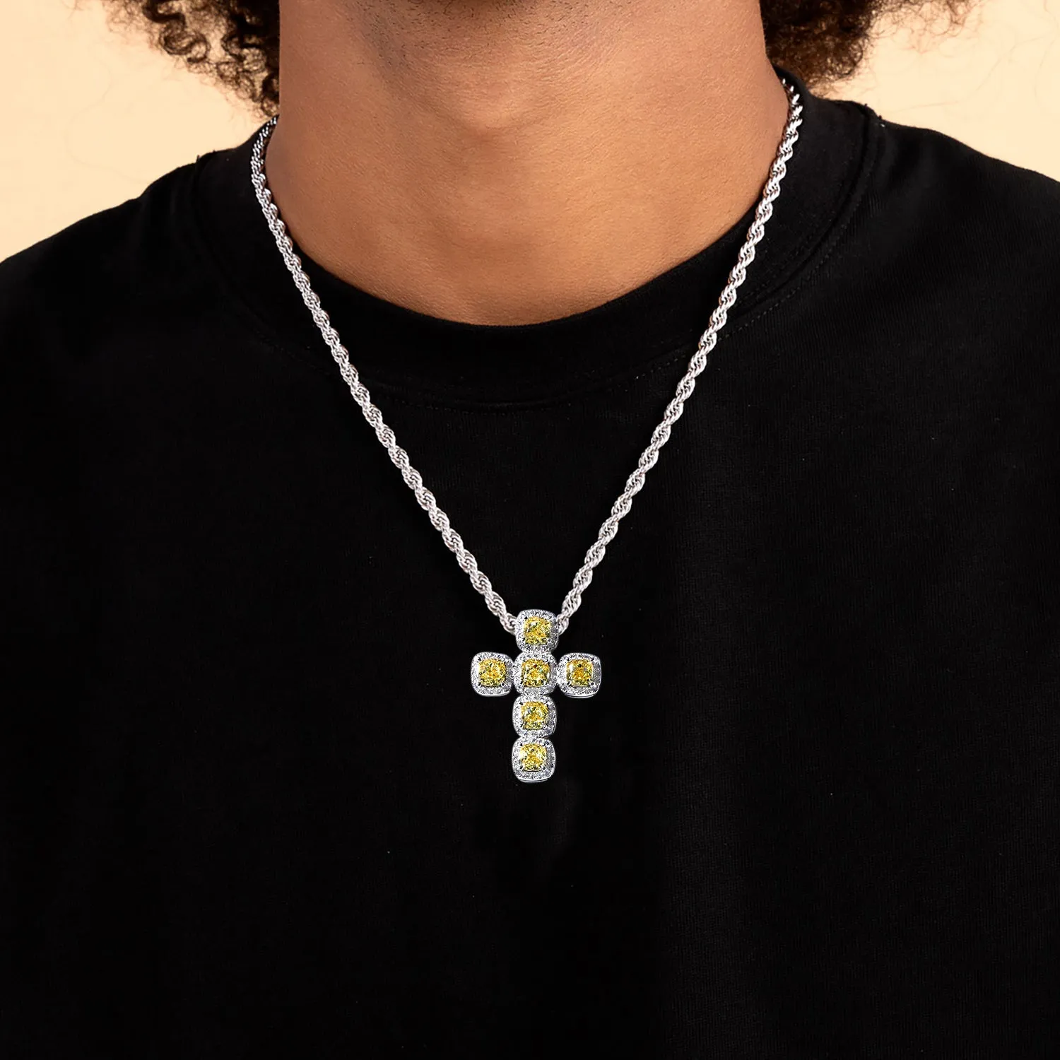 Radiant Cut Clustered Cross Pendant - Fancy Yellow