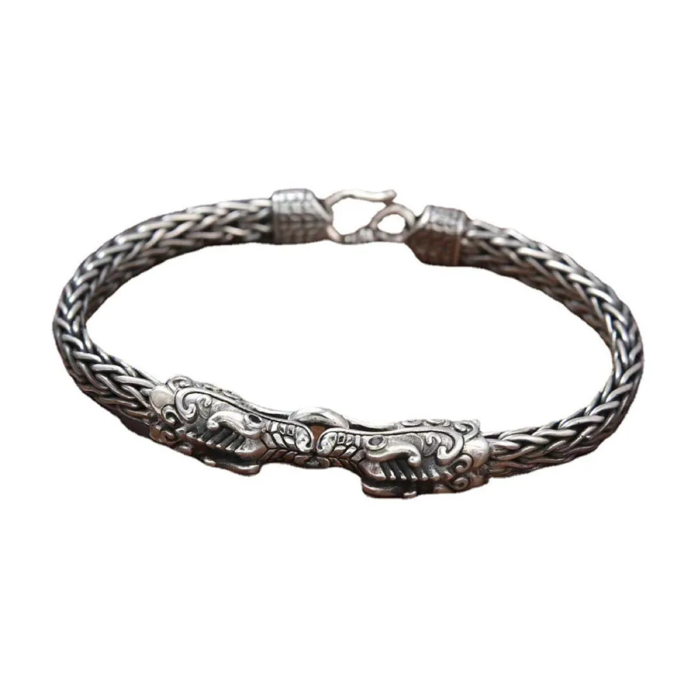 Real Solid 925 Sterling Silver Bracelet Animals Dragons Braided Chain Punk Jewelry 7.1"-9.4"