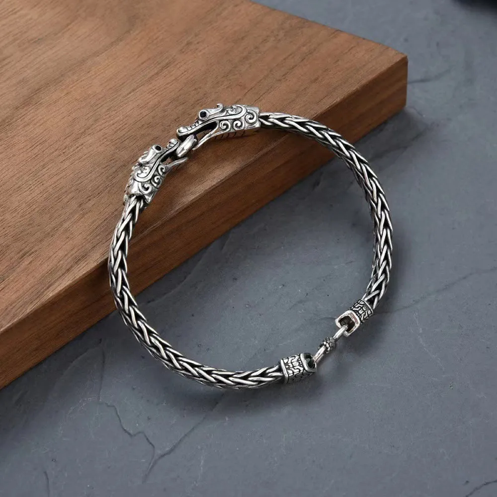 Real Solid 925 Sterling Silver Bracelet Animals Dragons Braided Chain Punk Jewelry 7.1"-9.4"