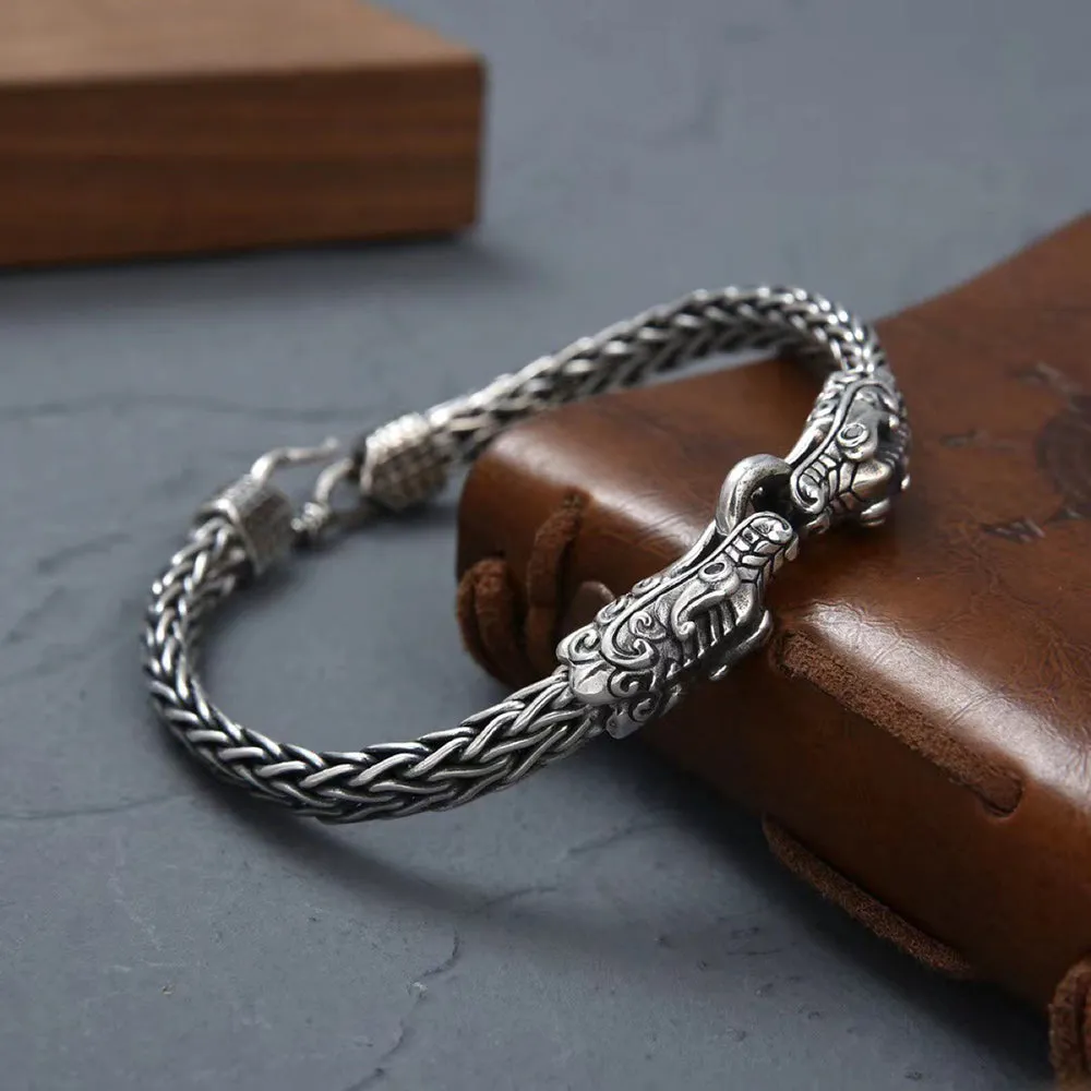 Real Solid 925 Sterling Silver Bracelet Animals Dragons Braided Chain Punk Jewelry 7.1"-9.4"