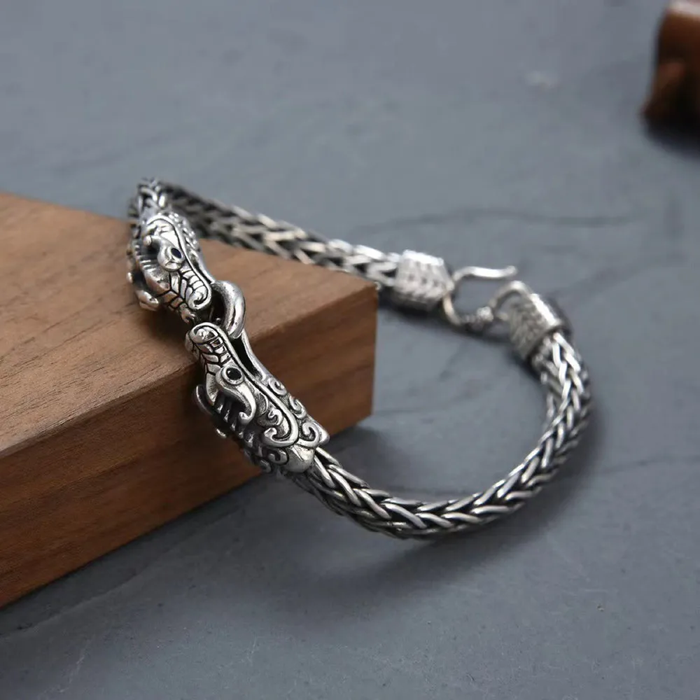 Real Solid 925 Sterling Silver Bracelet Animals Dragons Braided Chain Punk Jewelry 7.1"-9.4"