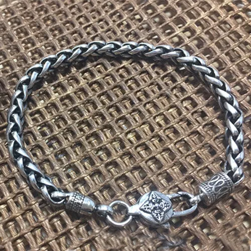 Real Solid 925 Sterling Silver Bracelet Bangle Link om mani padme hum Braided Jewelry