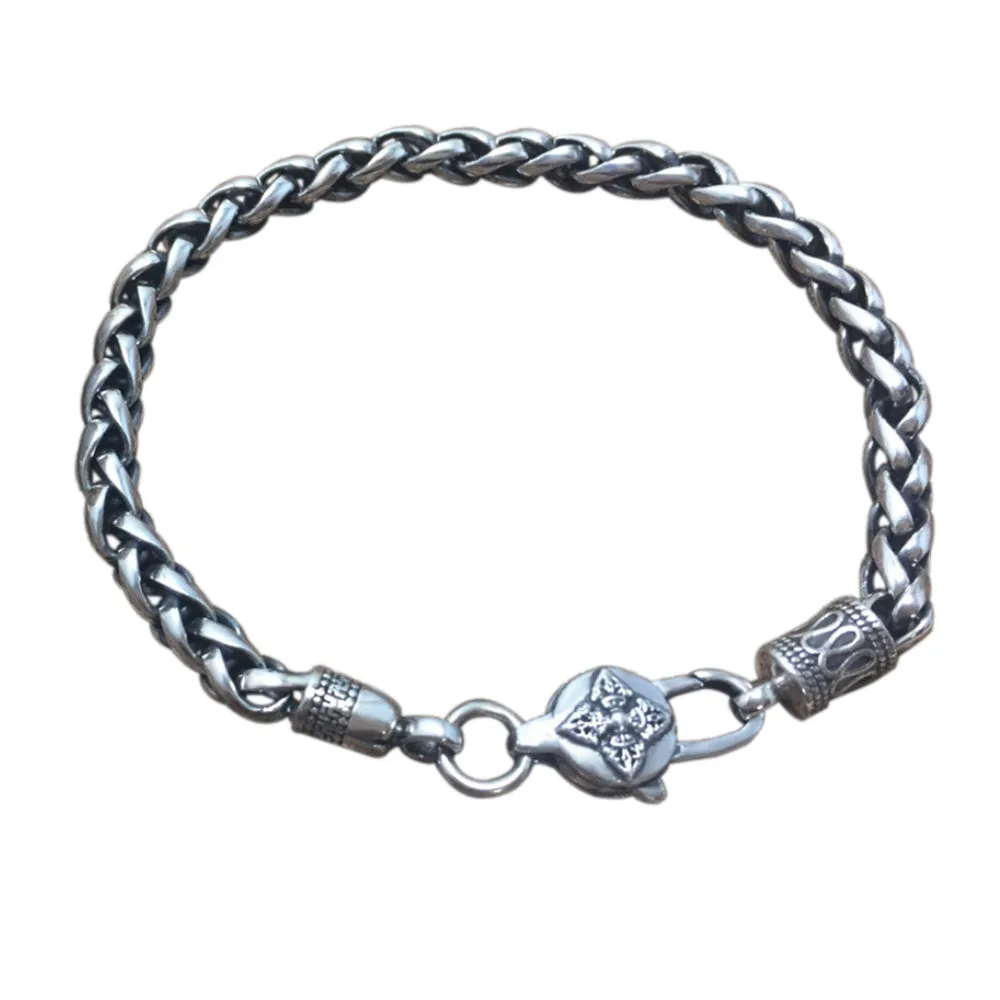 Real Solid 925 Sterling Silver Bracelet Bangle Link om mani padme hum Braided Jewelry