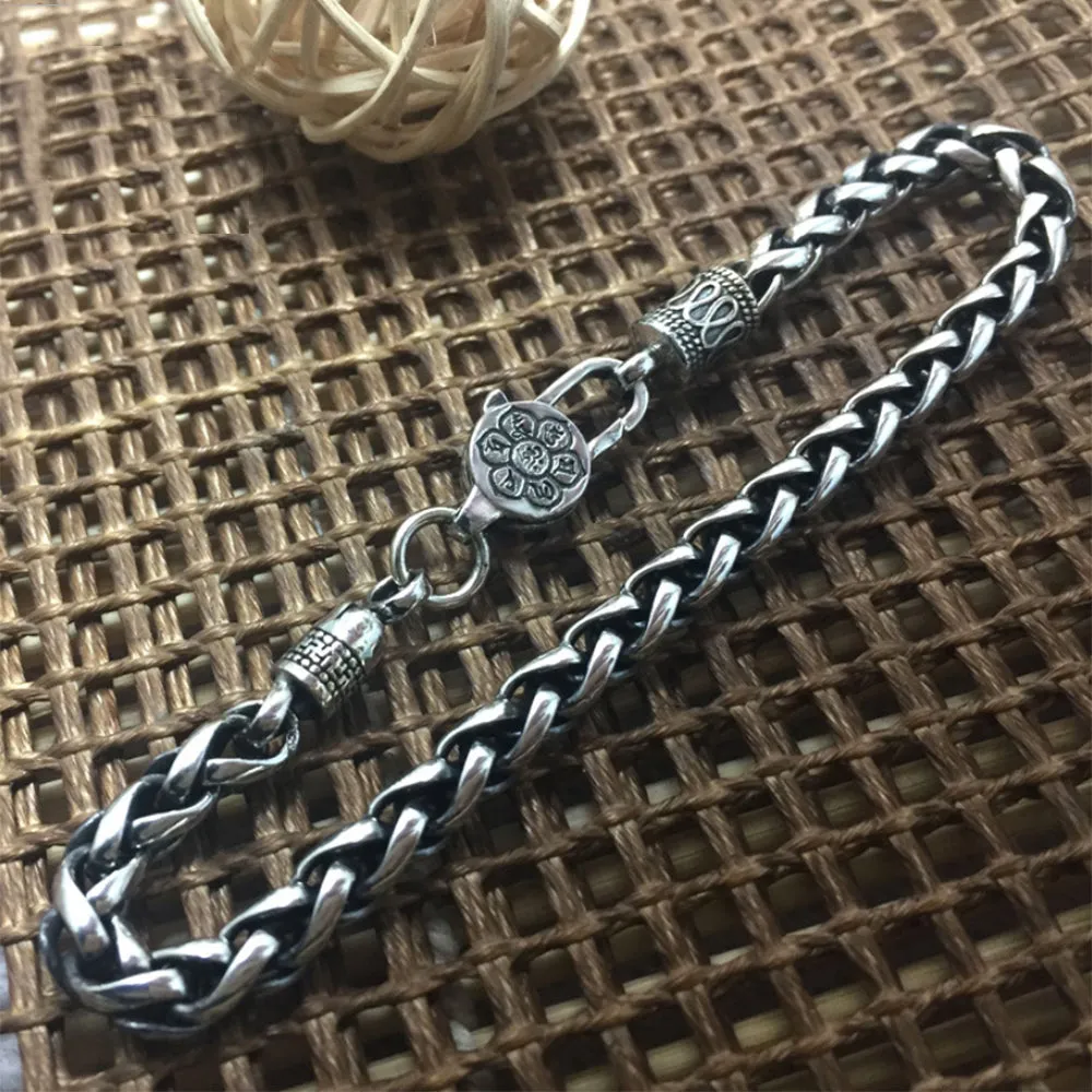 Real Solid 925 Sterling Silver Bracelet Bangle Link om mani padme hum Braided Jewelry