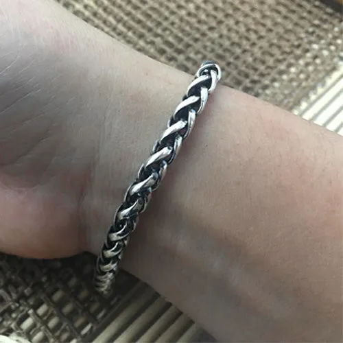 Real Solid 925 Sterling Silver Bracelet Bangle Link om mani padme hum Braided Jewelry