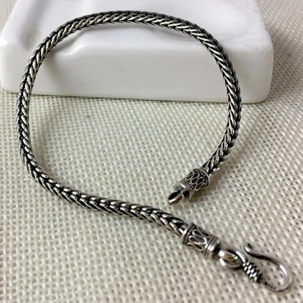 Real Solid 925 Sterling Silver Bracelet Braided Chain Hook Punk Jewelry 6.3"-8.3"