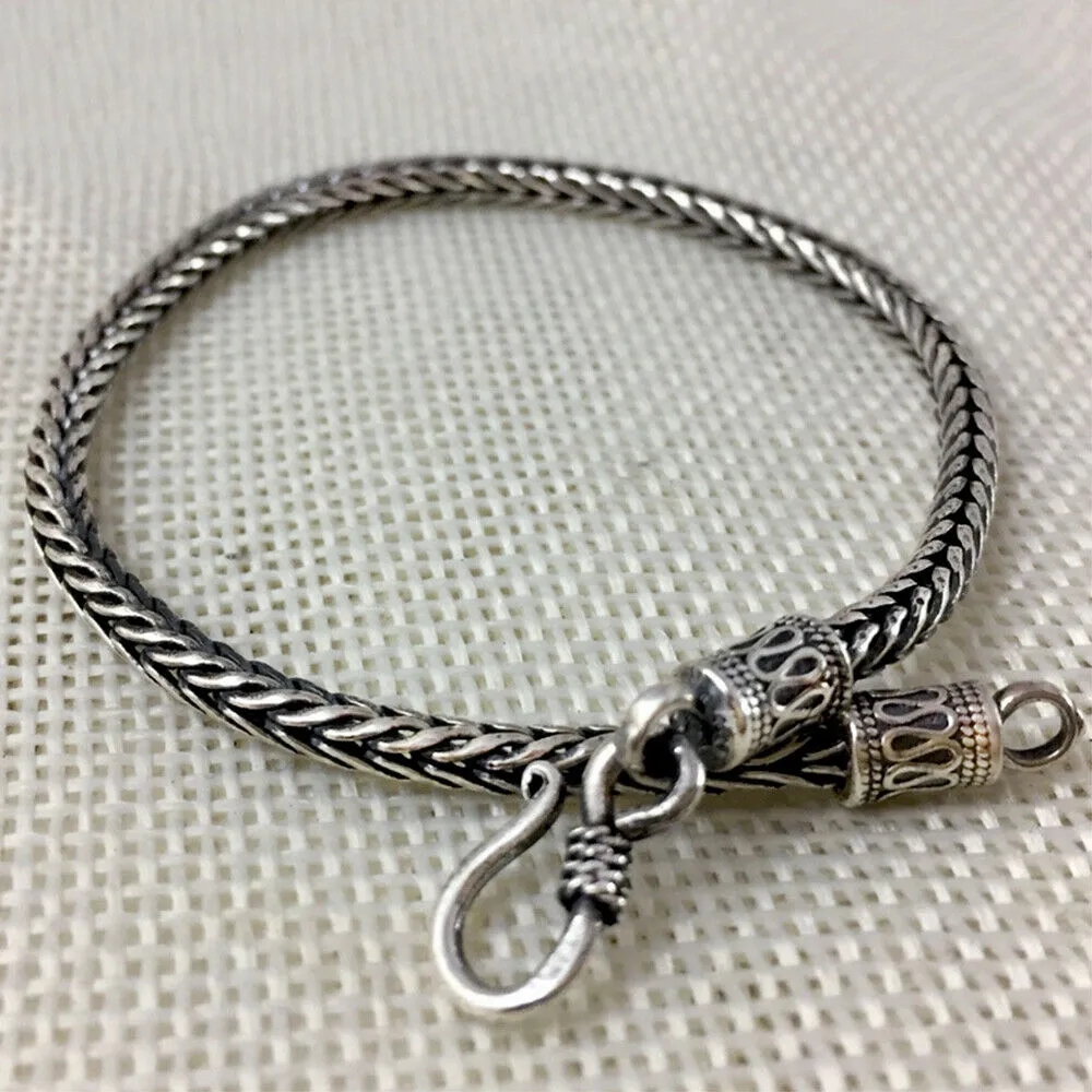 Real Solid 925 Sterling Silver Bracelet Braided Chain Hook Punk Jewelry 6.3"-8.3"