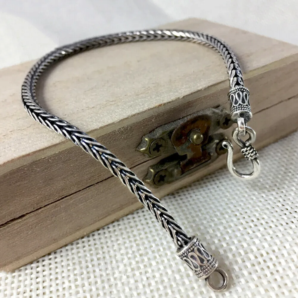 Real Solid 925 Sterling Silver Bracelet Braided Chain Hook Punk Jewelry 6.3"-8.3"