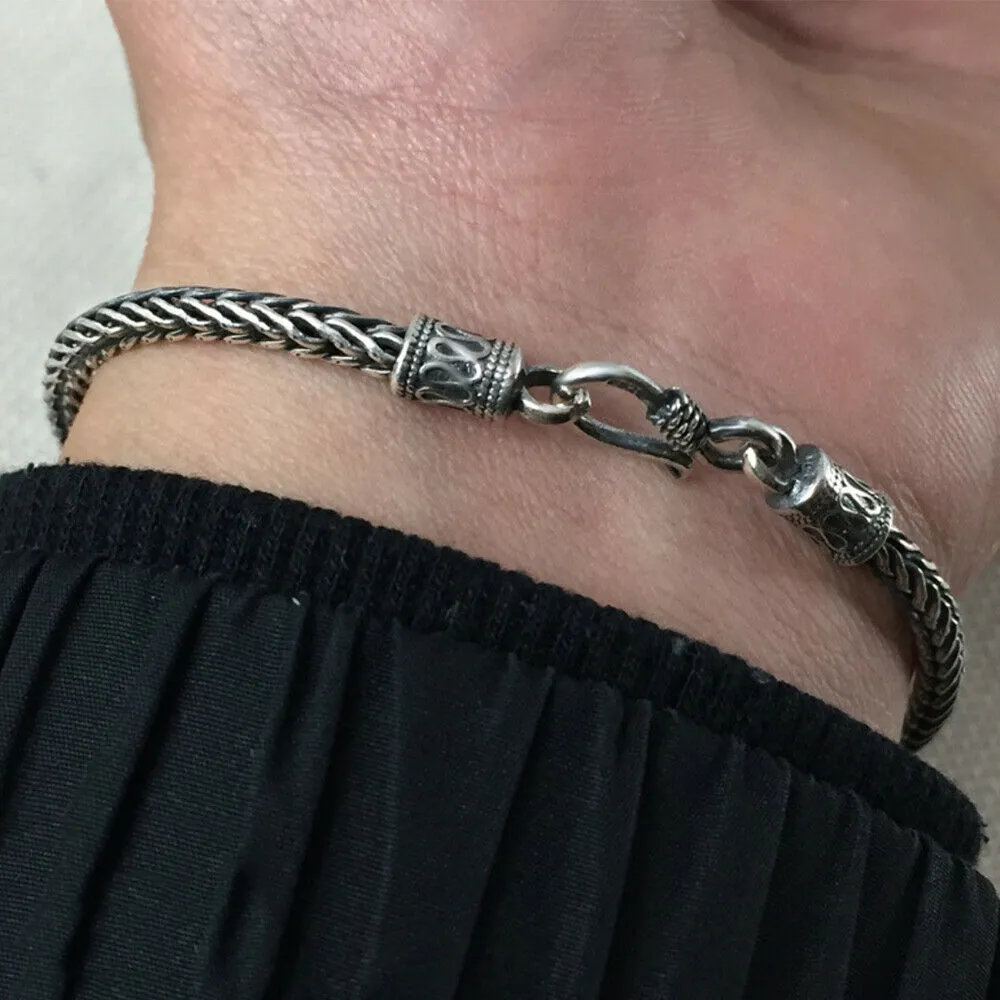 Real Solid 925 Sterling Silver Bracelet Braided Chain Hook Punk Jewelry 6.3"-8.3"