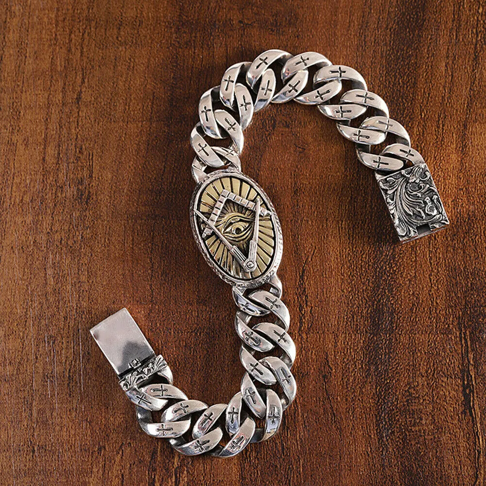 Real Solid 925 Sterling Silver Bracelet Eye Cross Totem Cuban Link Hip Hop Jewelry 7.5" 7.9"