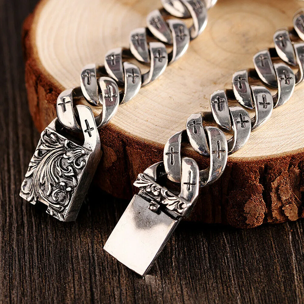 Real Solid 925 Sterling Silver Bracelet Eye Cross Totem Cuban Link Hip Hop Jewelry 7.5" 7.9"