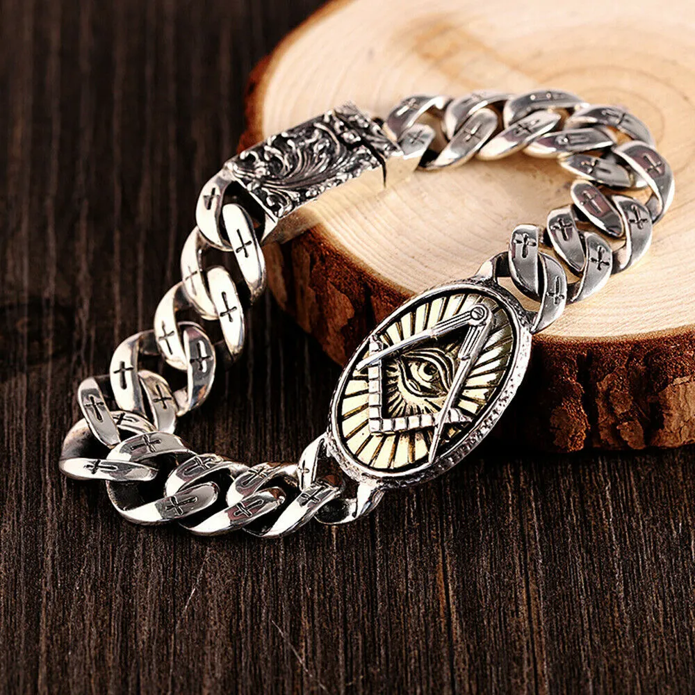 Real Solid 925 Sterling Silver Bracelet Eye Cross Totem Cuban Link Hip Hop Jewelry 7.5" 7.9"
