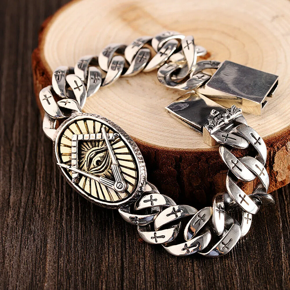 Real Solid 925 Sterling Silver Bracelet Eye Cross Totem Cuban Link Hip Hop Jewelry 7.5" 7.9"