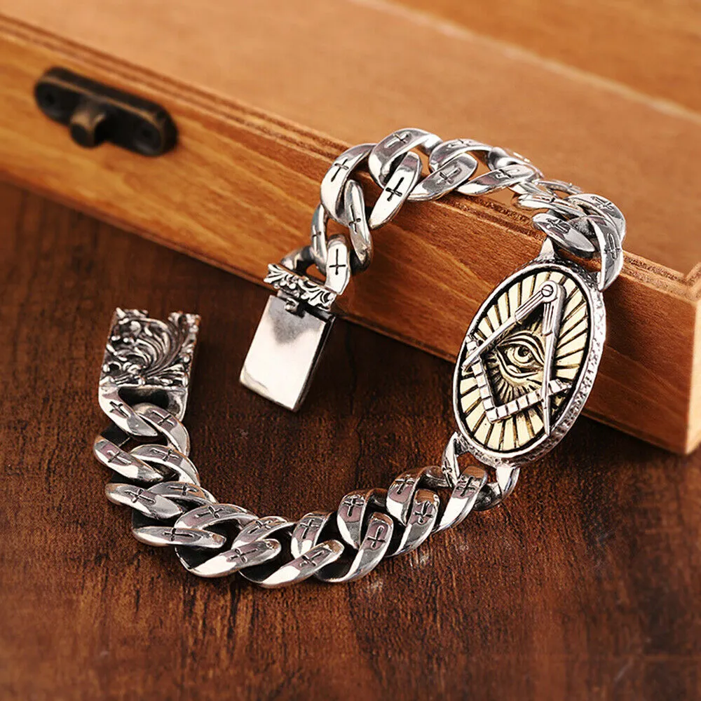 Real Solid 925 Sterling Silver Bracelet Eye Cross Totem Cuban Link Hip Hop Jewelry 7.5" 7.9"