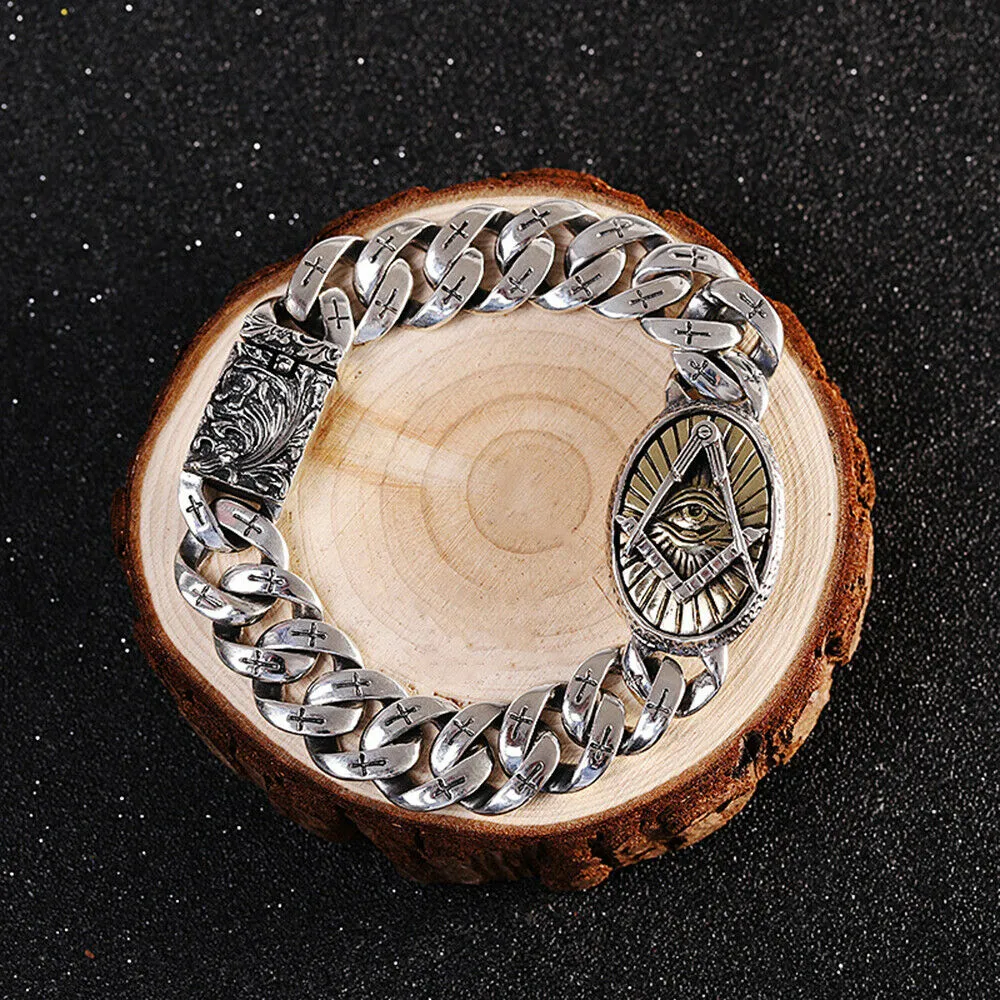 Real Solid 925 Sterling Silver Bracelet Eye Cross Totem Cuban Link Hip Hop Jewelry 7.5" 7.9"