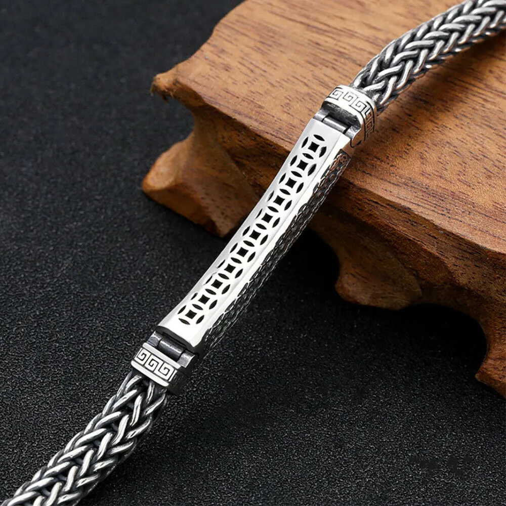 Real Solid 925 Sterling Silver Bracelet Jewelry Braided Twist Coin 7.9"