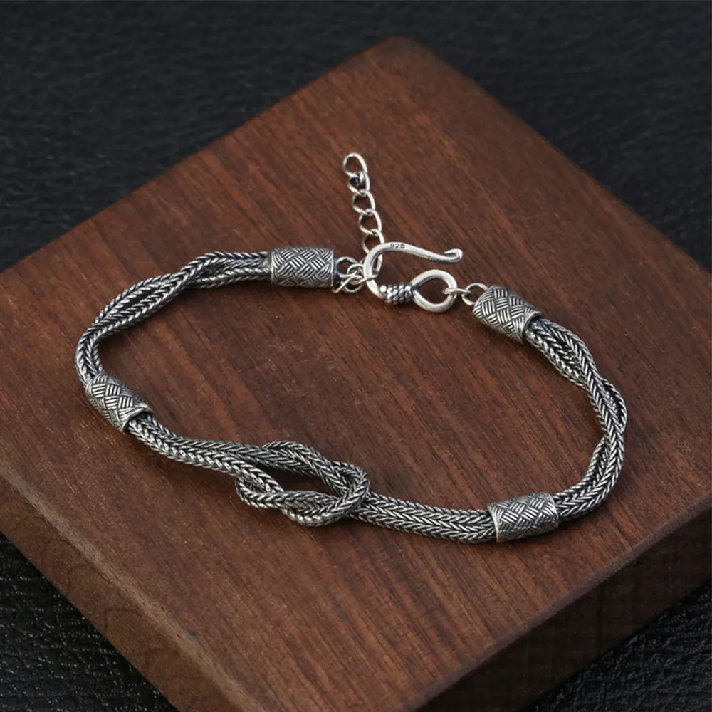 Real Solid 925 Sterling Silver Bracelet Link Braided Knotted Fashion Punk Jewelry 7.1'' - 8.3"