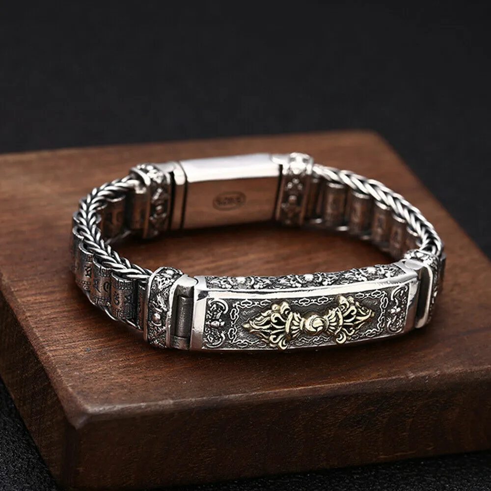 Real Solid 925 Sterling Silver Bracelet Om Mani Padme Hum Vajra Braided Jewelry 7.1" 7.9"