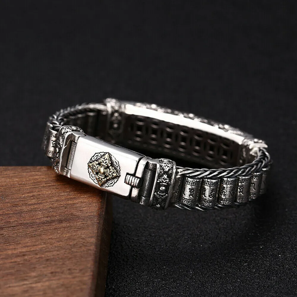 Real Solid 925 Sterling Silver Bracelet Om Mani Padme Hum Vajra Braided Jewelry 7.1" 7.9"