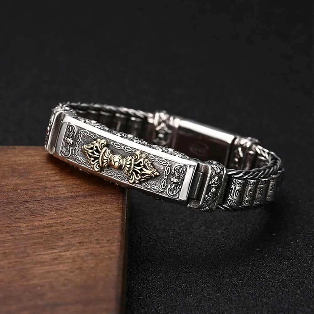 Real Solid 925 Sterling Silver Bracelet Om Mani Padme Hum Vajra Braided Jewelry 7.1" 7.9"