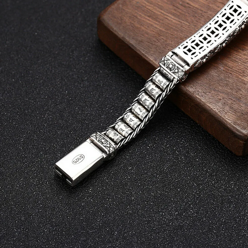 Real Solid 925 Sterling Silver Bracelet Om Mani Padme Hum Vajra Braided Jewelry 7.1" 7.9"