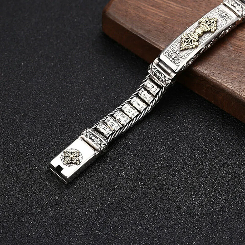 Real Solid 925 Sterling Silver Bracelet Om Mani Padme Hum Vajra Braided Jewelry 7.1" 7.9"