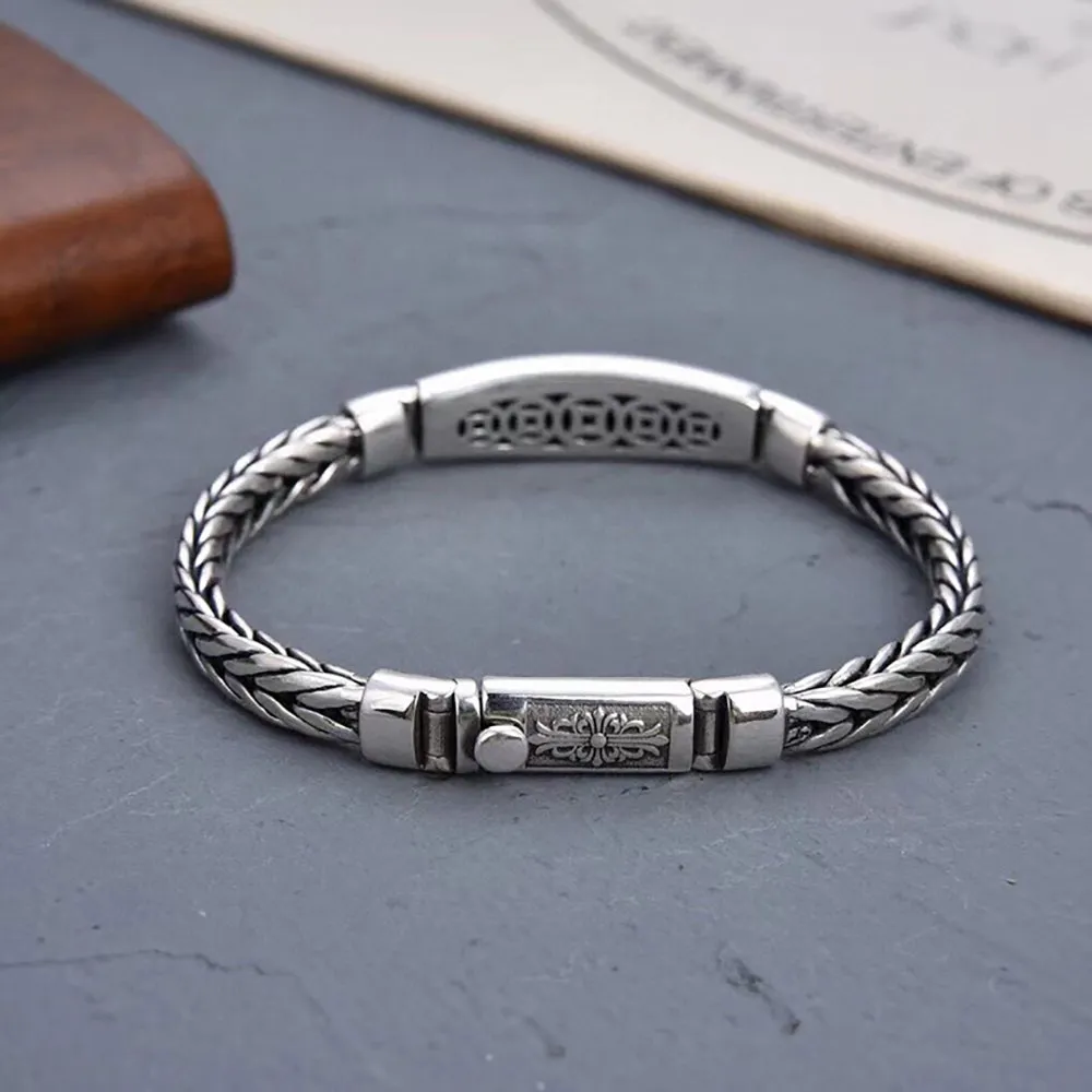 Real Solid 925 Sterling Silver Bracelet Twist Braided Chain Cross  Punk Jewelry Handmade 7.9"