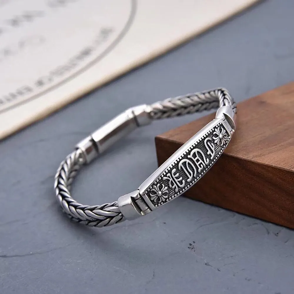 Real Solid 925 Sterling Silver Bracelet Twist Braided Chain Cross  Punk Jewelry Handmade 7.9"