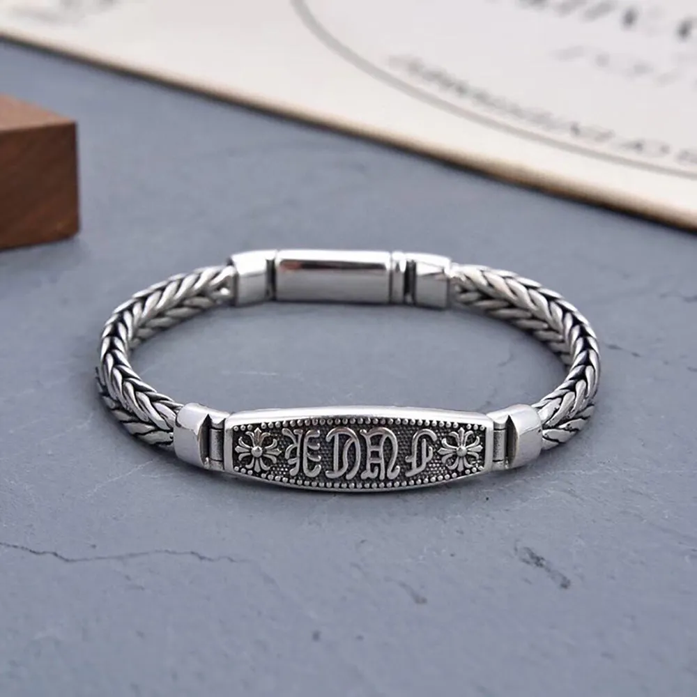 Real Solid 925 Sterling Silver Bracelet Twist Braided Chain Cross  Punk Jewelry Handmade 7.9"