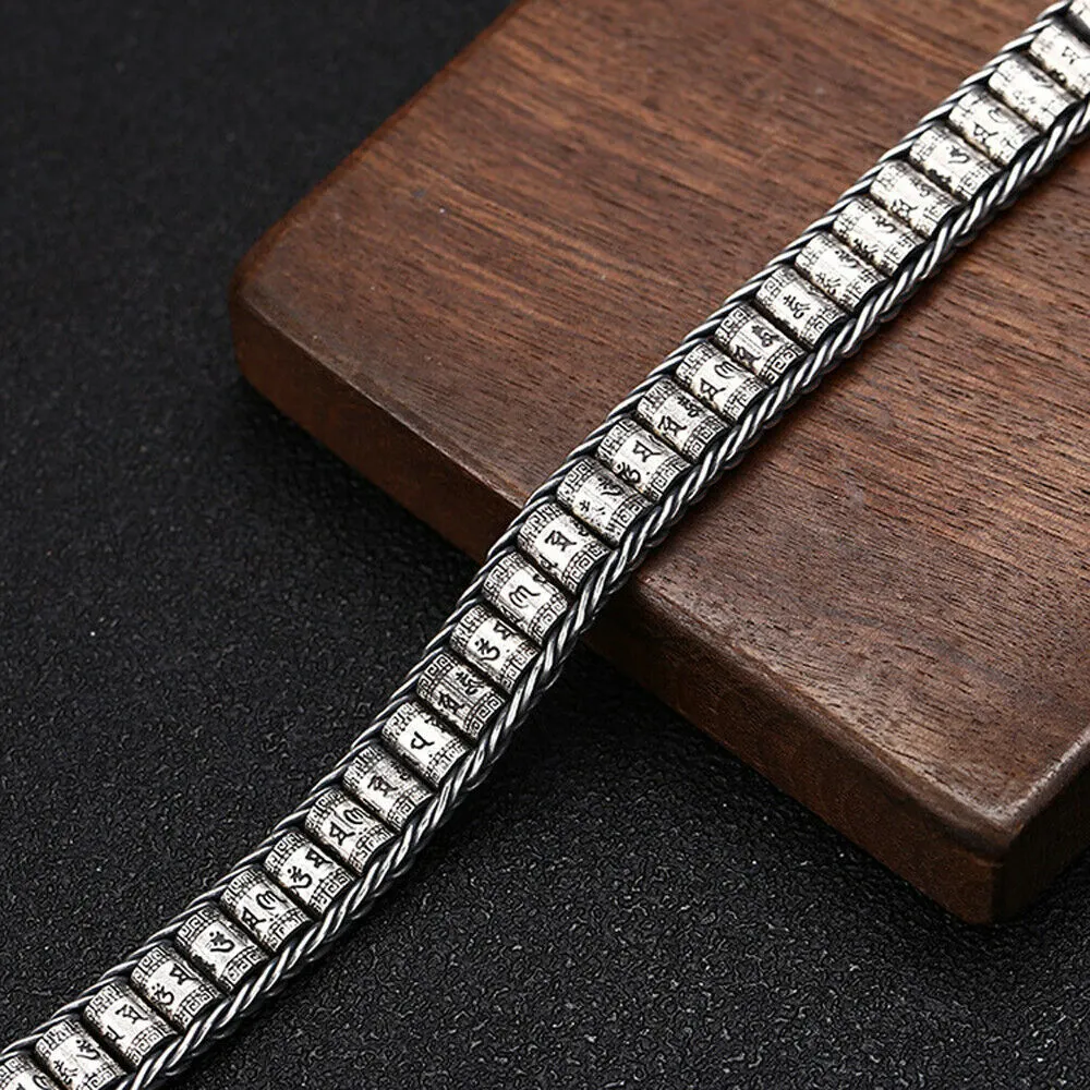 Real Solid 925 Sterling Silver Bracelet Vajra Om Mani Padme Hum Braided Jewelry 7.1"7.9"