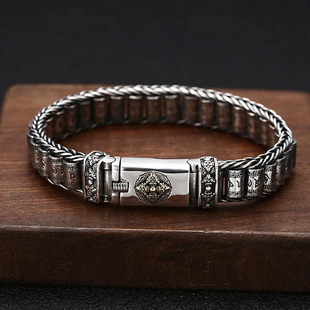 Real Solid 925 Sterling Silver Bracelet Vajra Om Mani Padme Hum Braided Jewelry 7.1"7.9"