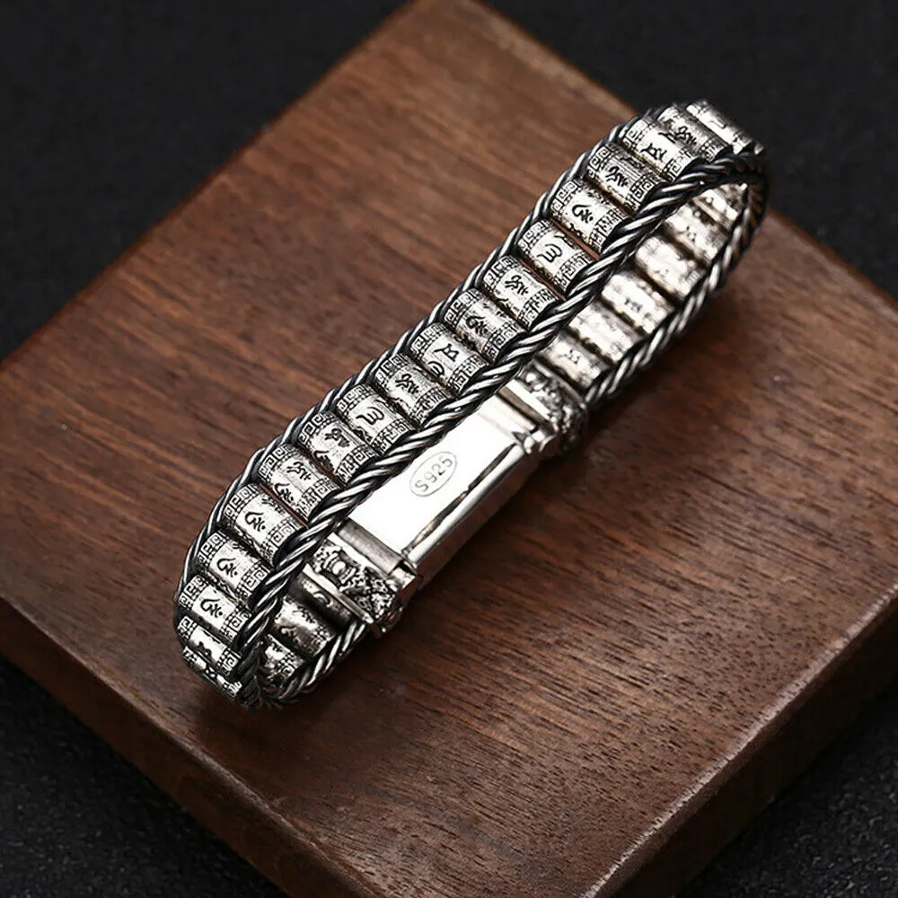Real Solid 925 Sterling Silver Bracelet Vajra Om Mani Padme Hum Braided Jewelry 7.1"7.9"