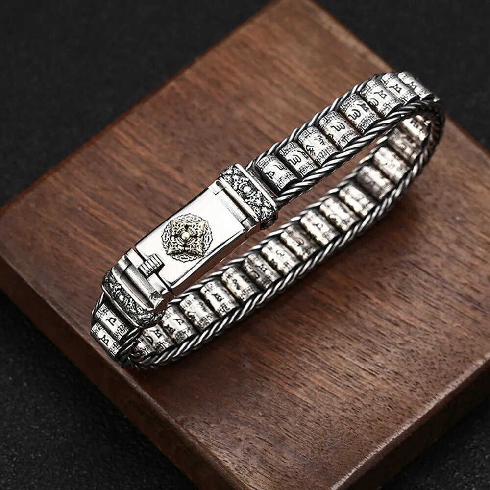 Real Solid 925 Sterling Silver Bracelet Vajra Om Mani Padme Hum Braided Jewelry 7.1"7.9"