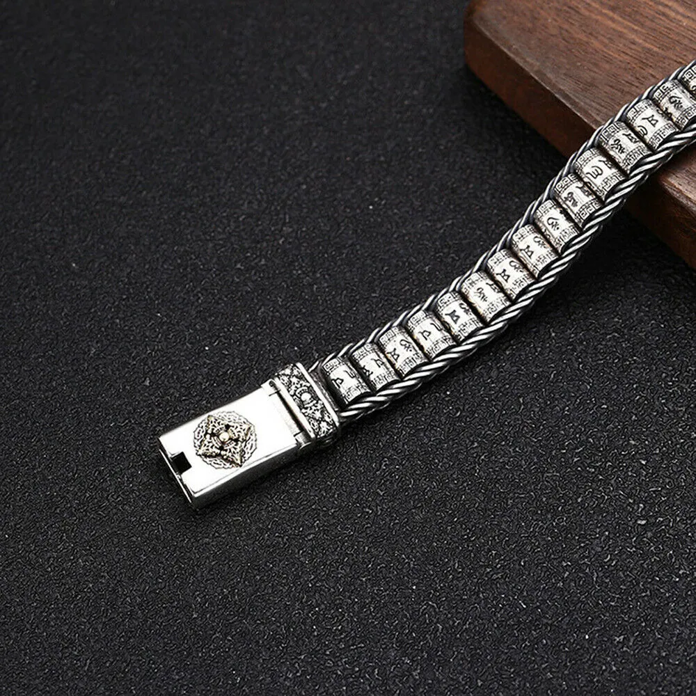 Real Solid 925 Sterling Silver Bracelet Vajra Om Mani Padme Hum Braided Jewelry 7.1"7.9"