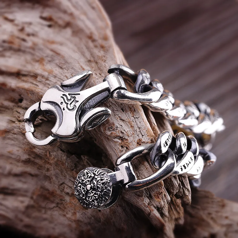 Real Solid 925 Sterling Silver Brass Bracelet Cuban Link Chain Beast Vajra Rotation Gem Inlay Jewelry