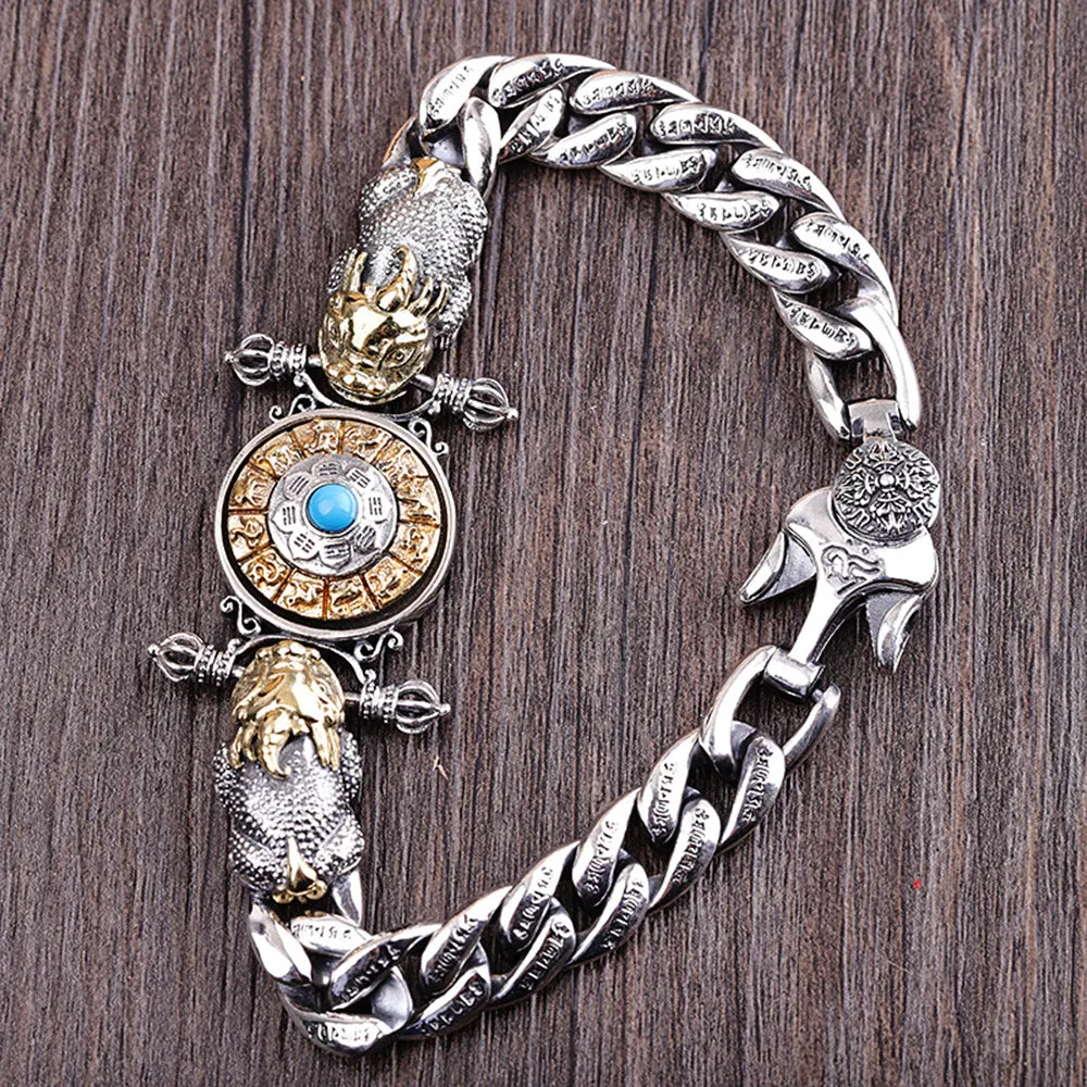 Real Solid 925 Sterling Silver Brass Bracelet Cuban Link Chain Beast Vajra Rotation Gem Inlay Jewelry
