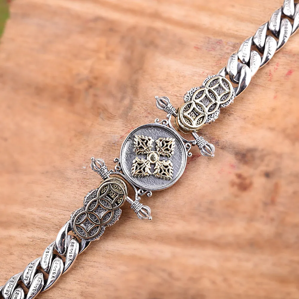 Real Solid 925 Sterling Silver Brass Bracelet Cuban Link Chain Beast Vajra Rotation Gem Inlay Jewelry