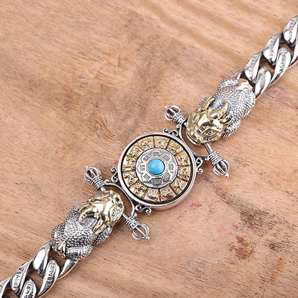 Real Solid 925 Sterling Silver Brass Bracelet Cuban Link Chain Beast Vajra Rotation Gem Inlay Jewelry